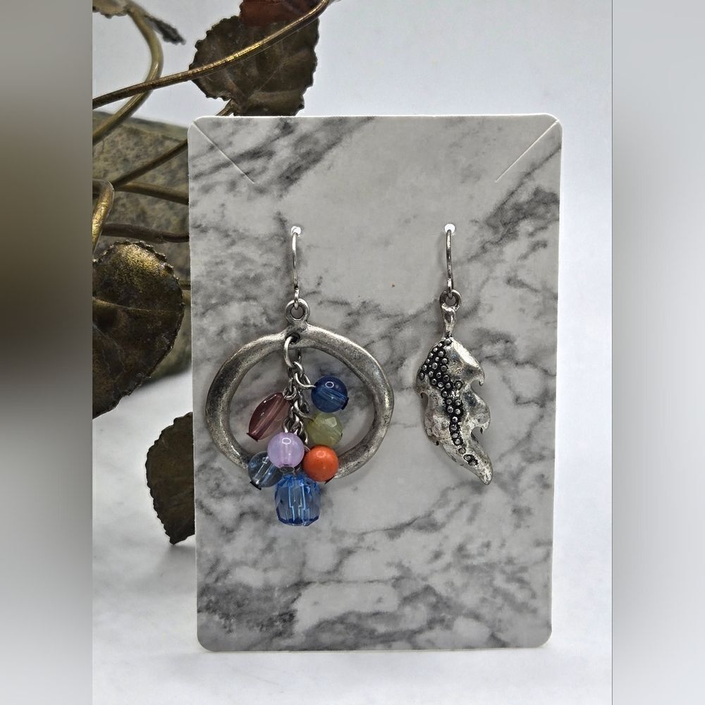 "5/$40" Mismatched Pewter Finish Feather/Multicolored Bead Dangle Earrings